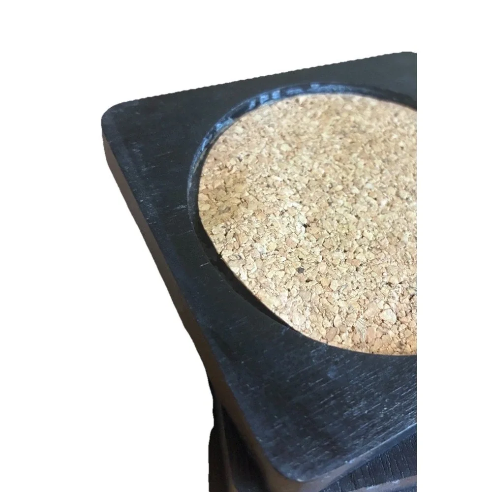 Vintage  Coaster‎ Set Black Wooden Cork Top Brass Unicorn Holder